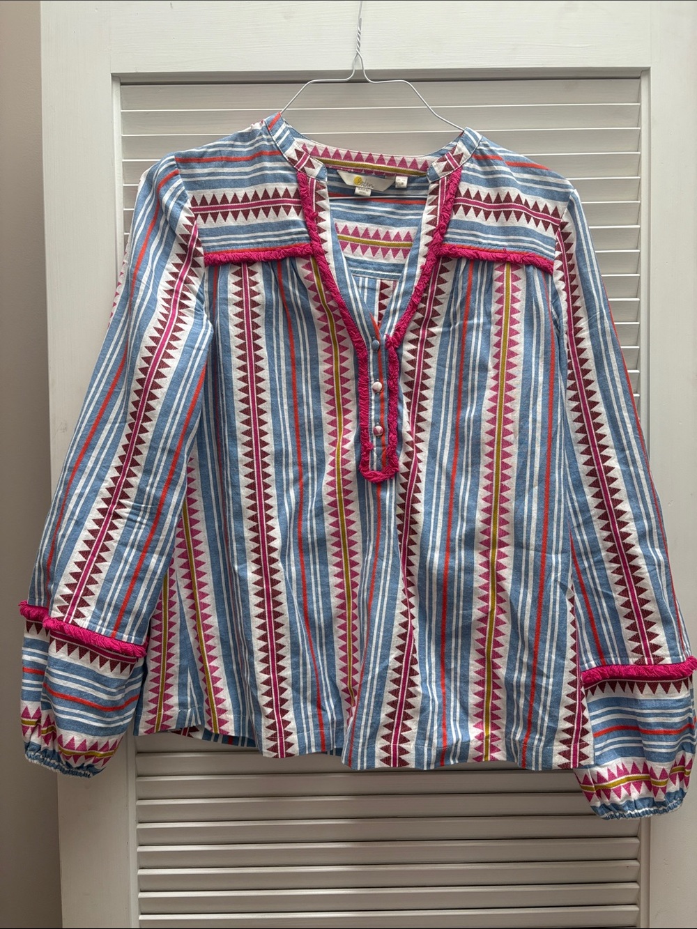Boden Striped Peasant Blouse with Pink Fringe